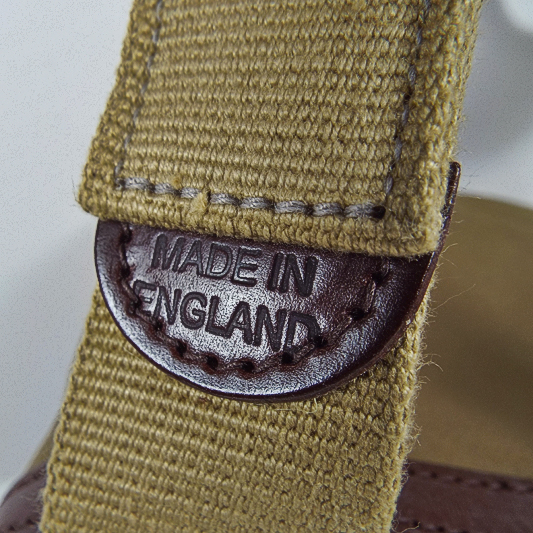 Original Peter leather patch detail showing high quality hand made in England manufacturing techniques.
